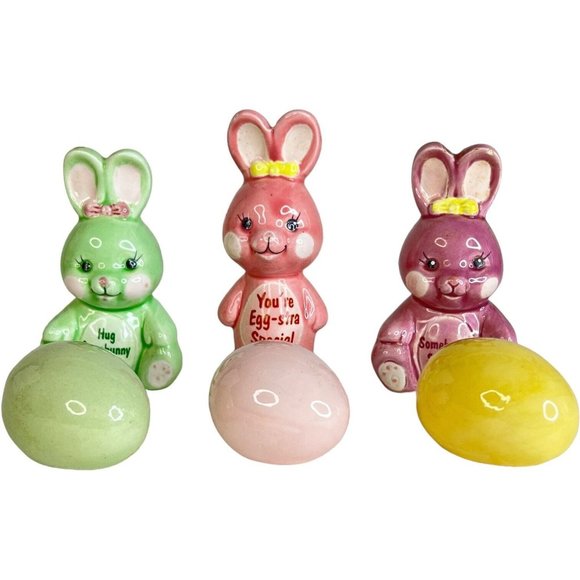3 Russ Berrie Ceramic Bunny Rabbit Figurines & Eggs Pink Green Purple Easter VTG - Picture 1 of 10